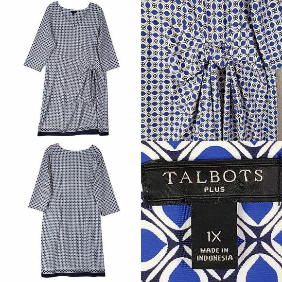 Talbots Dress Plus Size 1X Geometric Blue Shift 3/4 Sleeve Tie Stretch - Picture 1 of 10